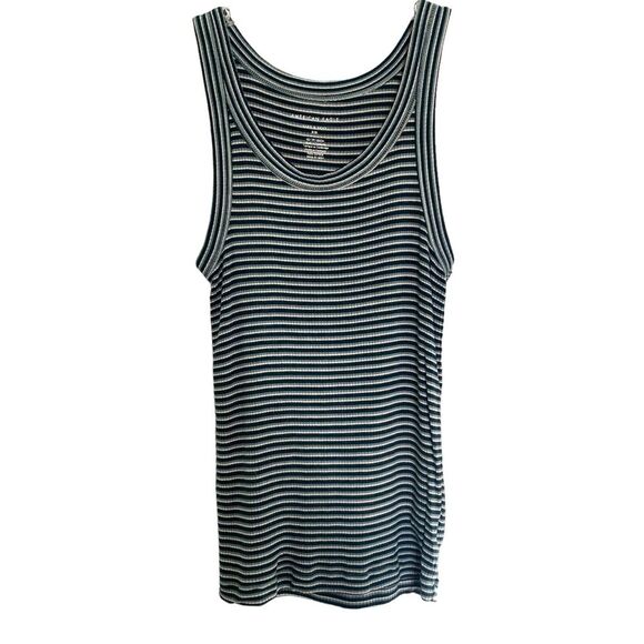 American Eagle Green Gray Striped Retro Fitted Knit Sleeveless Tank Top Size XS - Picture 1 of 3